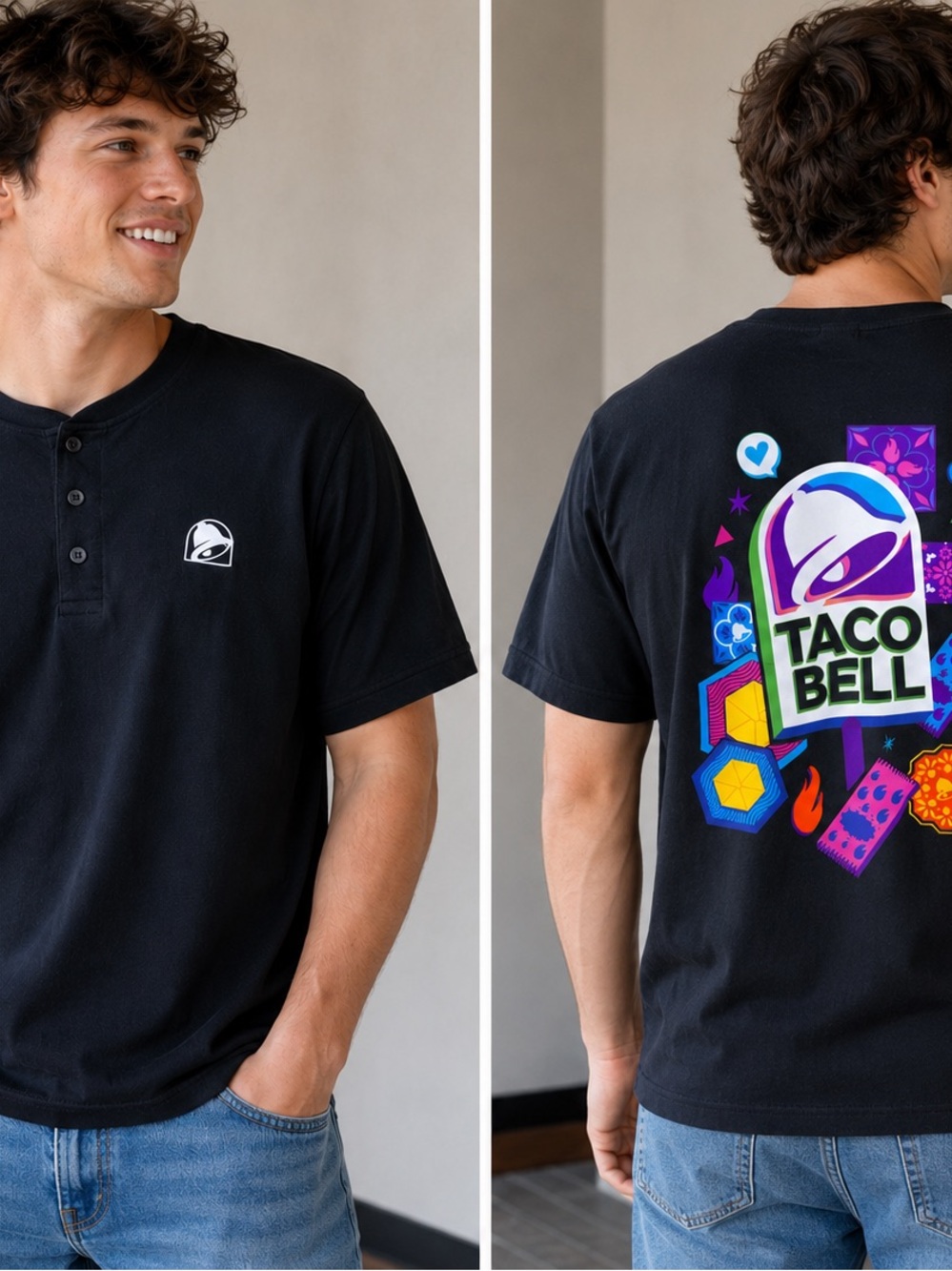 Taco Bell Men’s Medium Black Henley Crew Work T-Shirt Colorful Graphic Logo